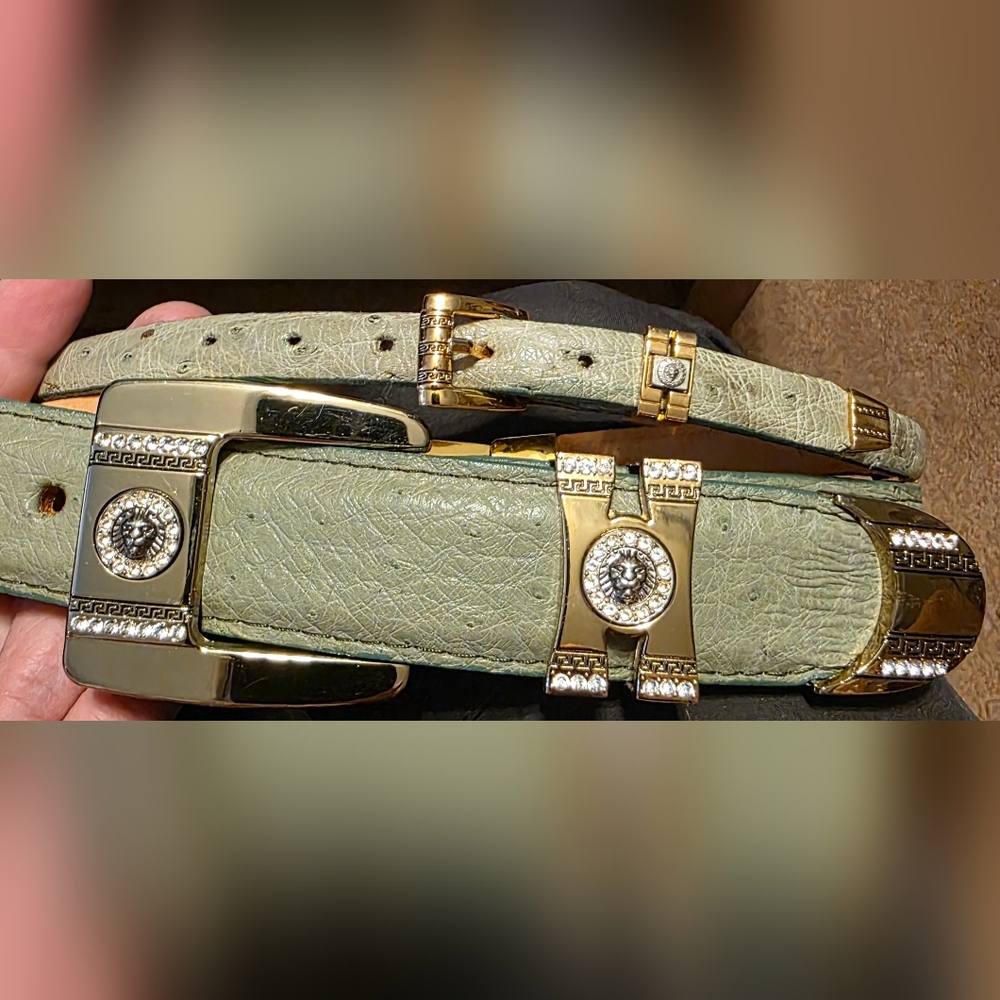 Womens, Green Ostrich, Leather Lined, Western Belt, With Matching Hat Band.
